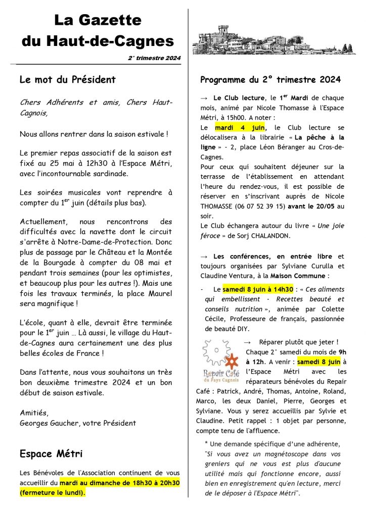 La Gazette du Haut-de-Cagnes 2° trimestre 2024 - page 1